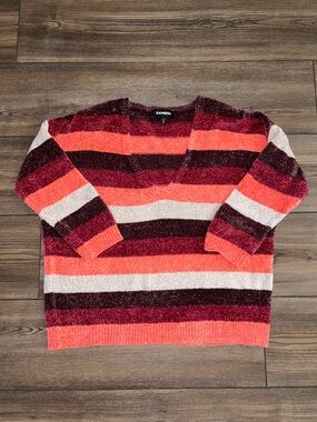 Express V-Neck Striped Sweater — Coral, Burgundy & Cream